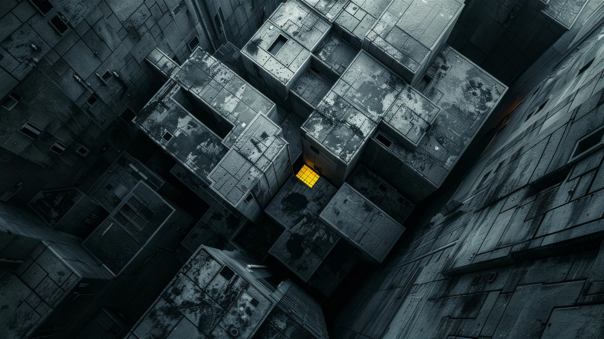 Cinematic drone photo of futuristic gray scale city with one yellow light
