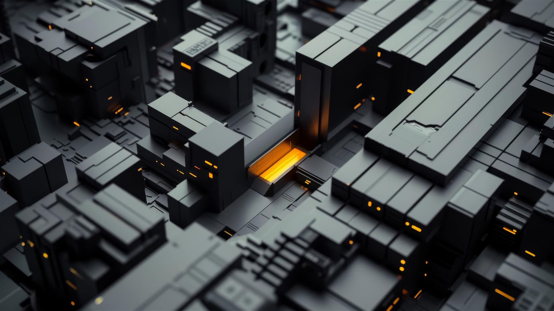 A grayscale cinematic drone shot of a futuristic building with one illuminated yellow light