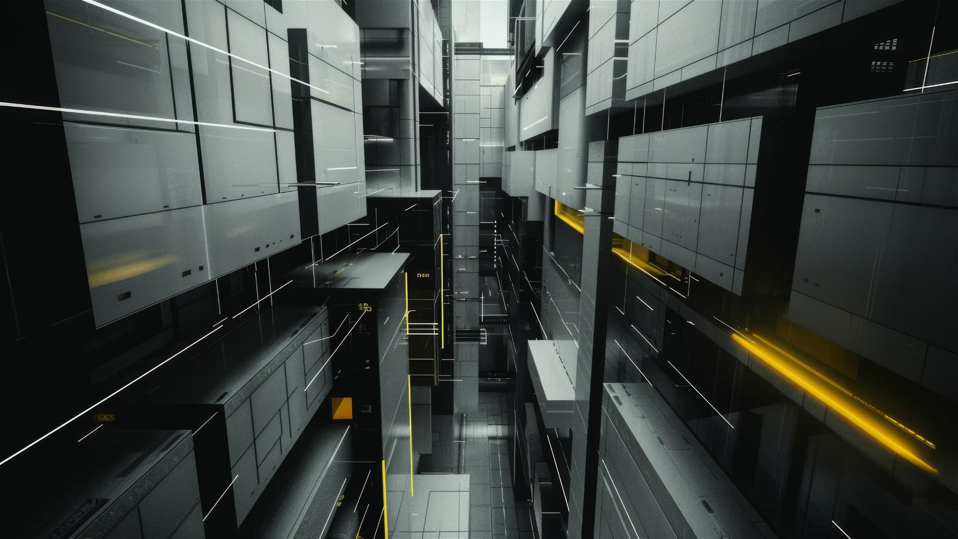 A grayscale cinematic drone shot of a futuristic cityscape with a single yellow light