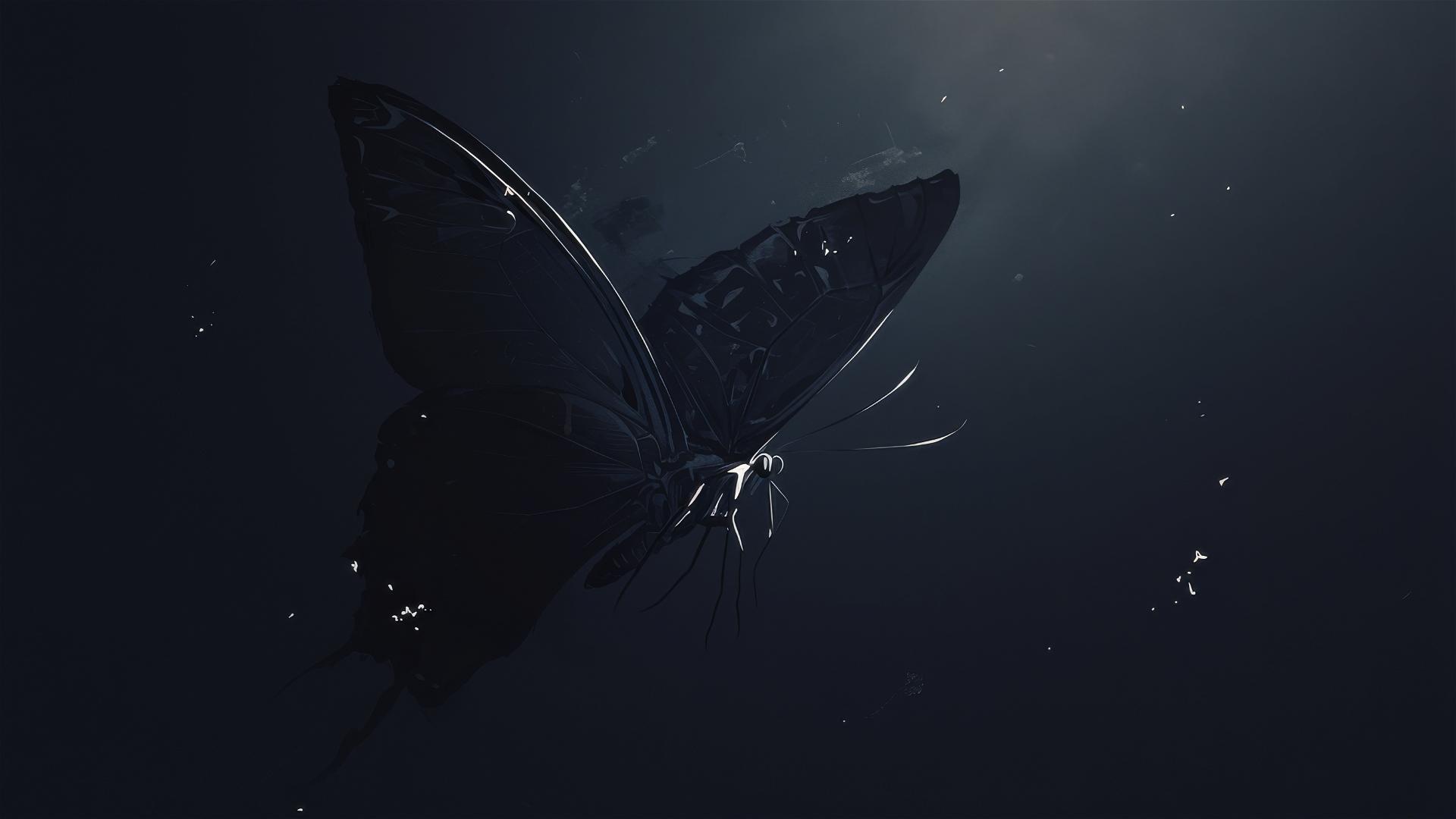 Black butterfly with moonlit wings on a dark background