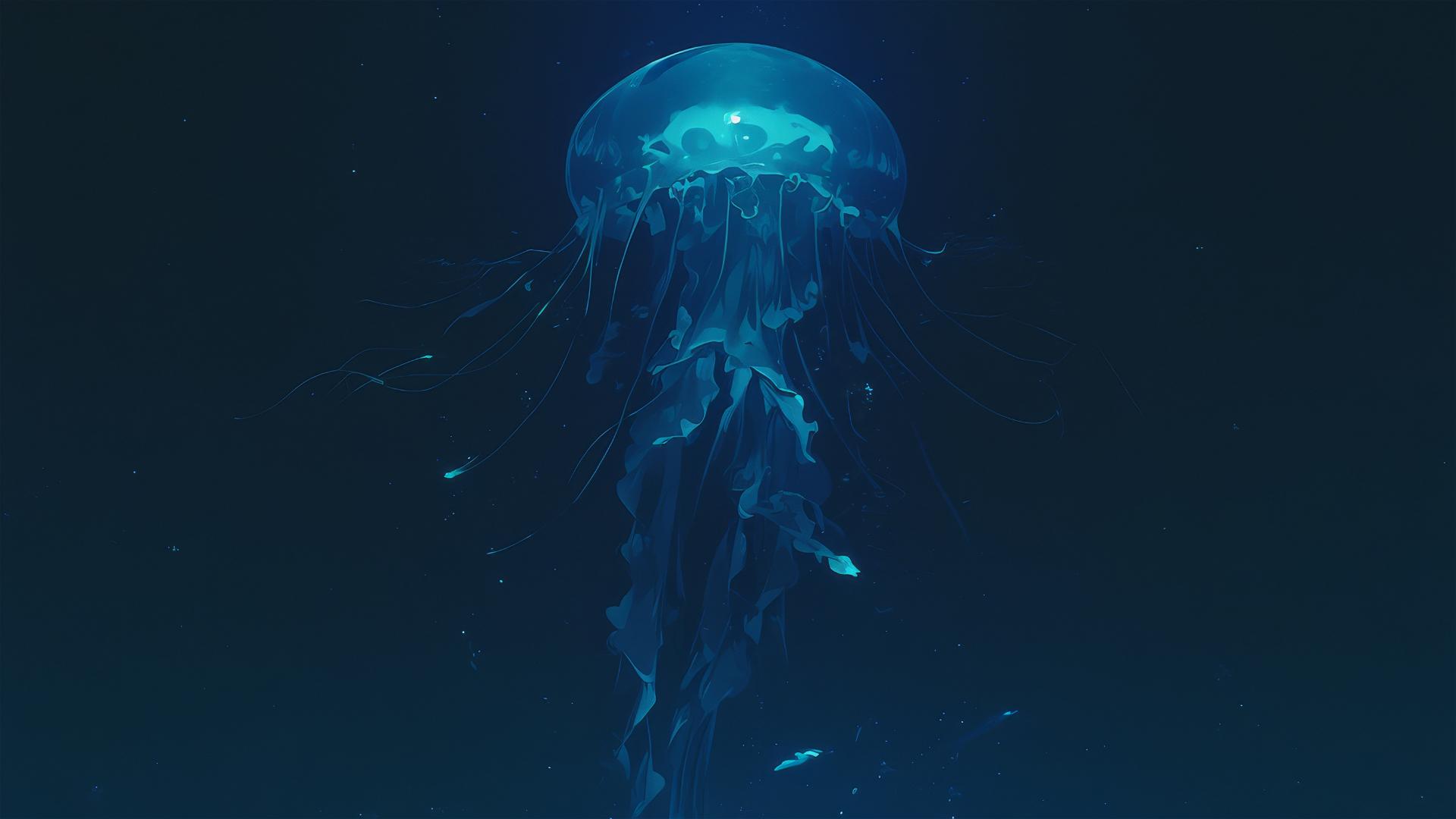 Phosphorescent jellyfish in a dark ocean