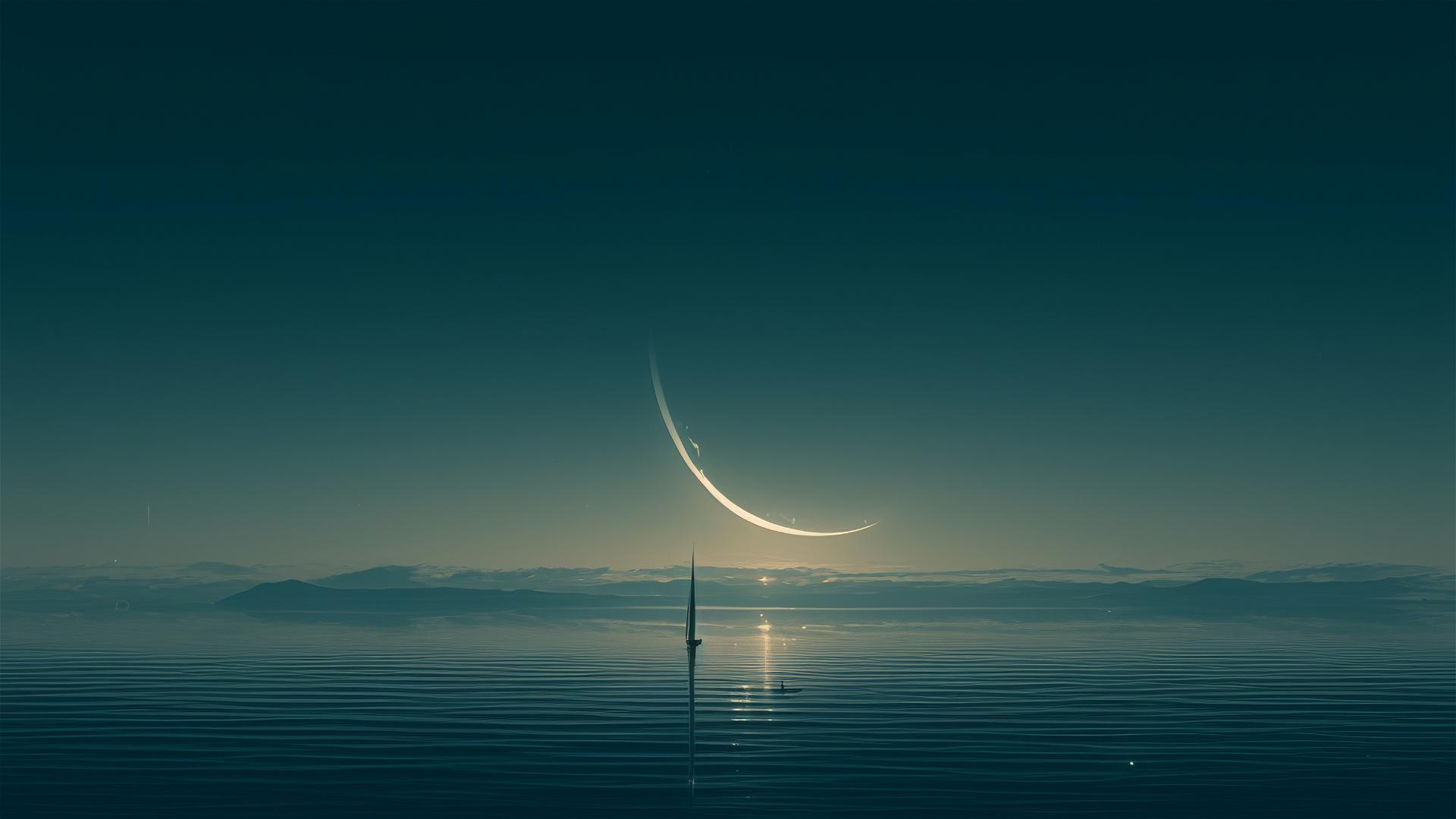 Dark grey ship's sail on the horizon under a new moon