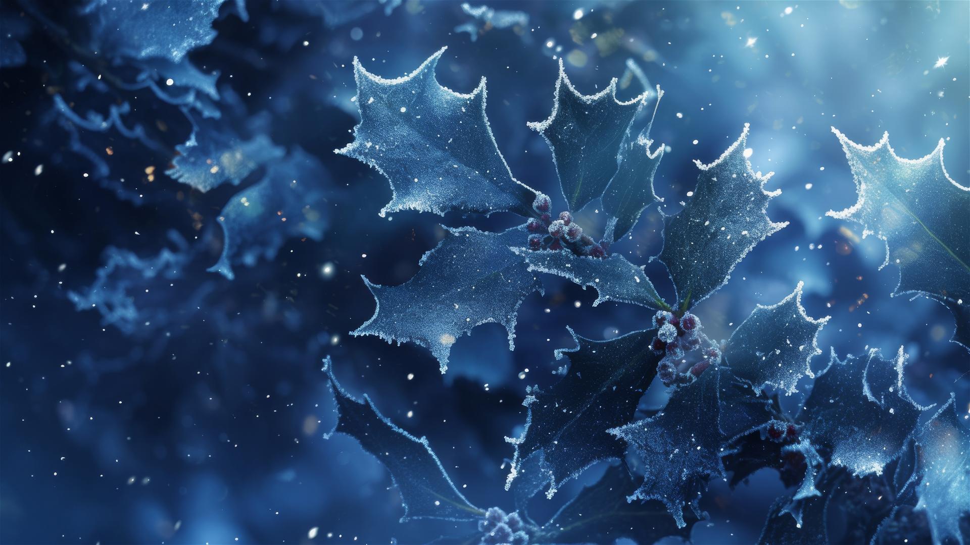Frosty holly leaves twinkling under moonlit winter scene