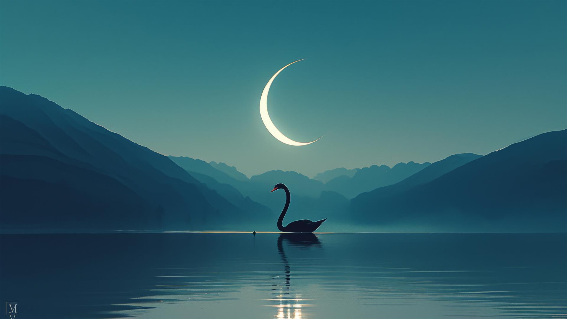 Aesthetic black swan on ink-dark lake under crescent moon