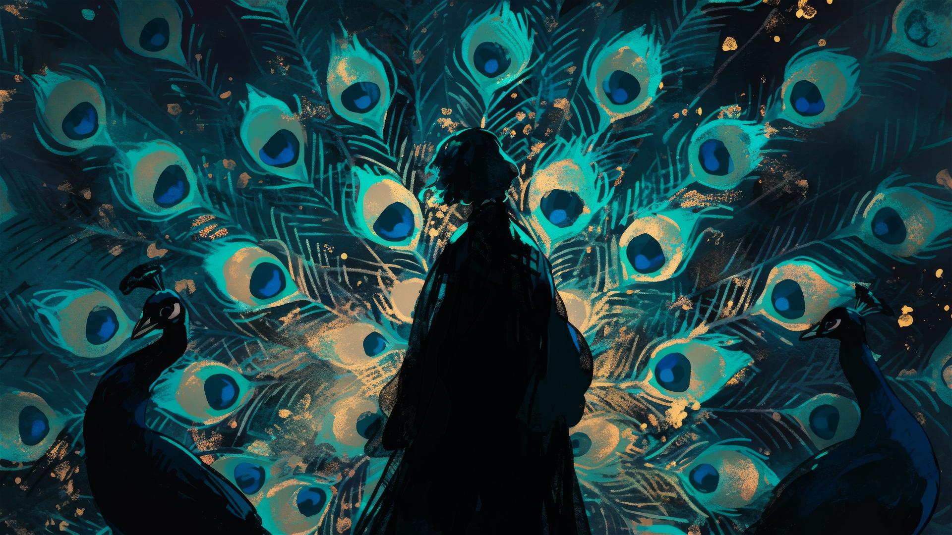 Dark silhouette of a peacock with shimmering feather eyes in dim light
