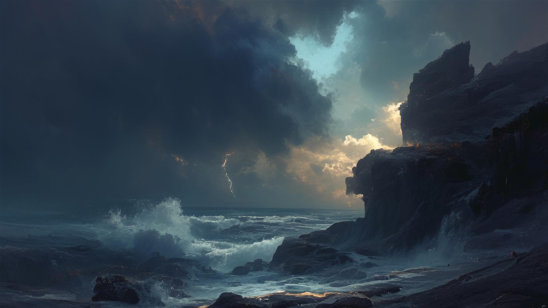 Dark cliffside with crashing waves and lightning illuminated spray