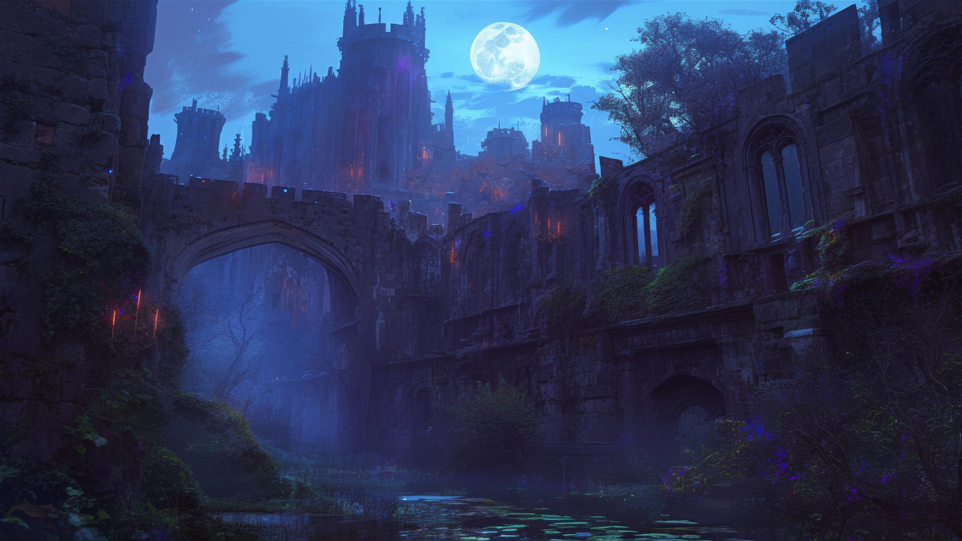 Aesthetic dark abandoned castle with ivy on walls under moonlight