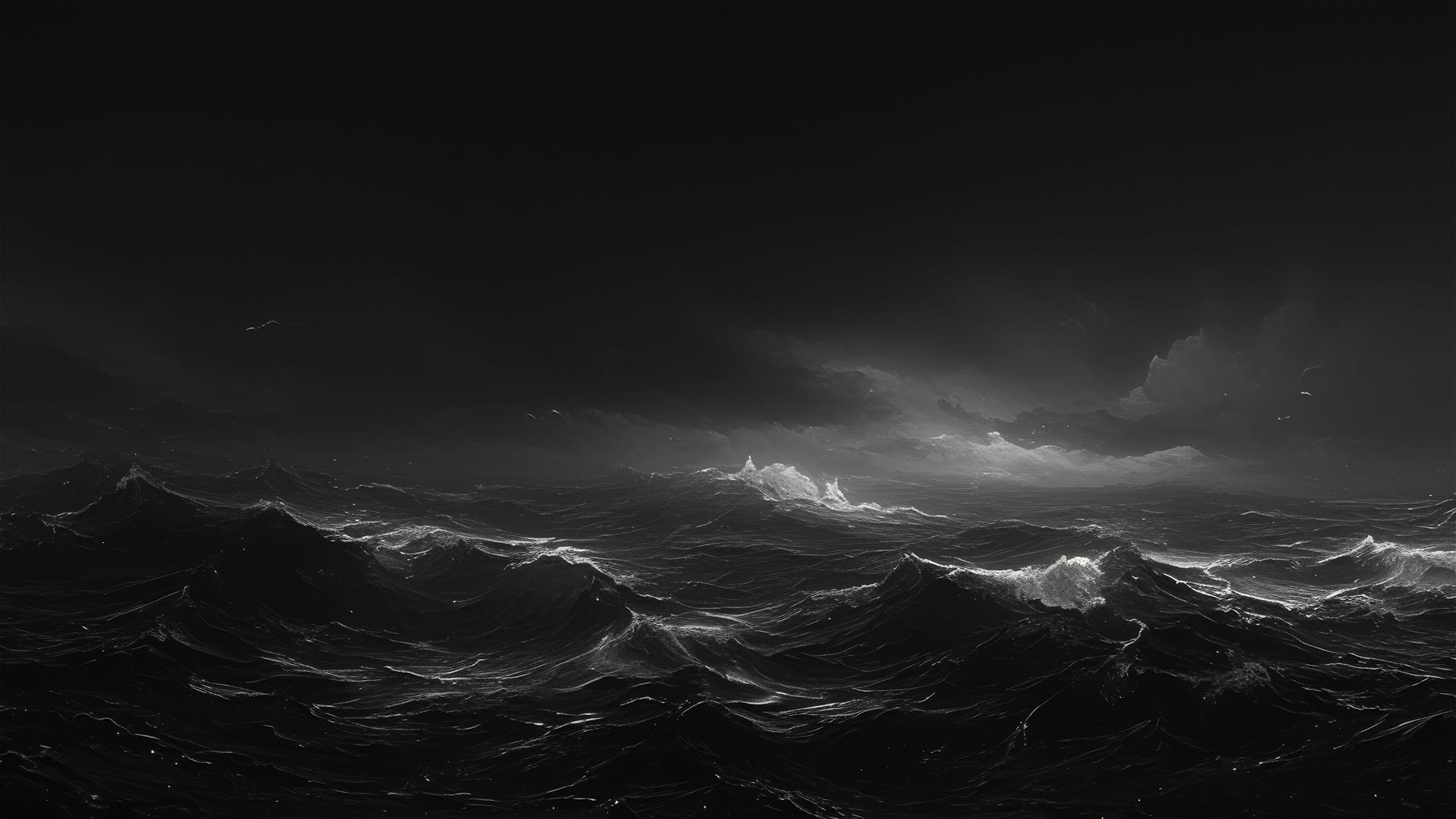 Black stormy seascape with white-capped waves at night