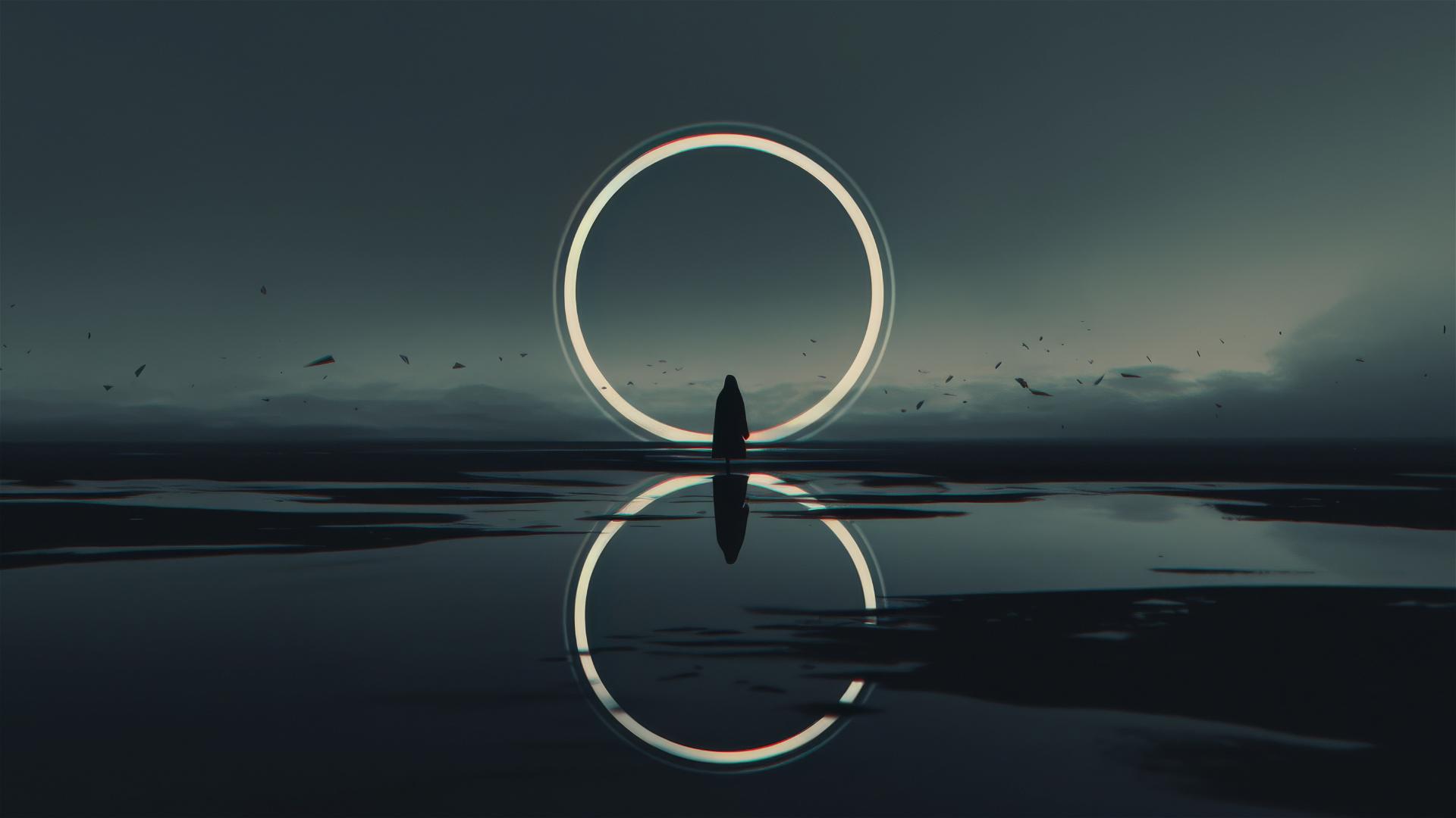 Aesthetic dark scene of a black onyx lake under moonless sky
