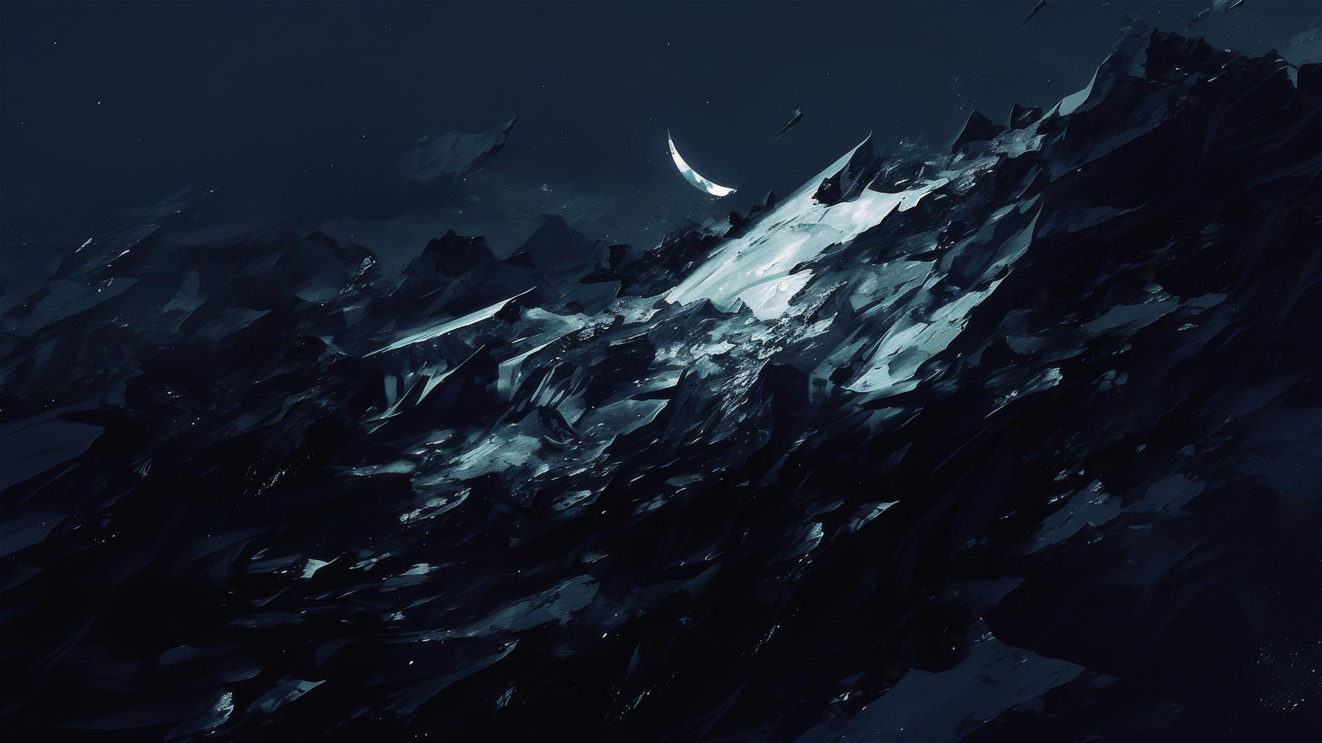 Ethereal black glacier under dim moonlight