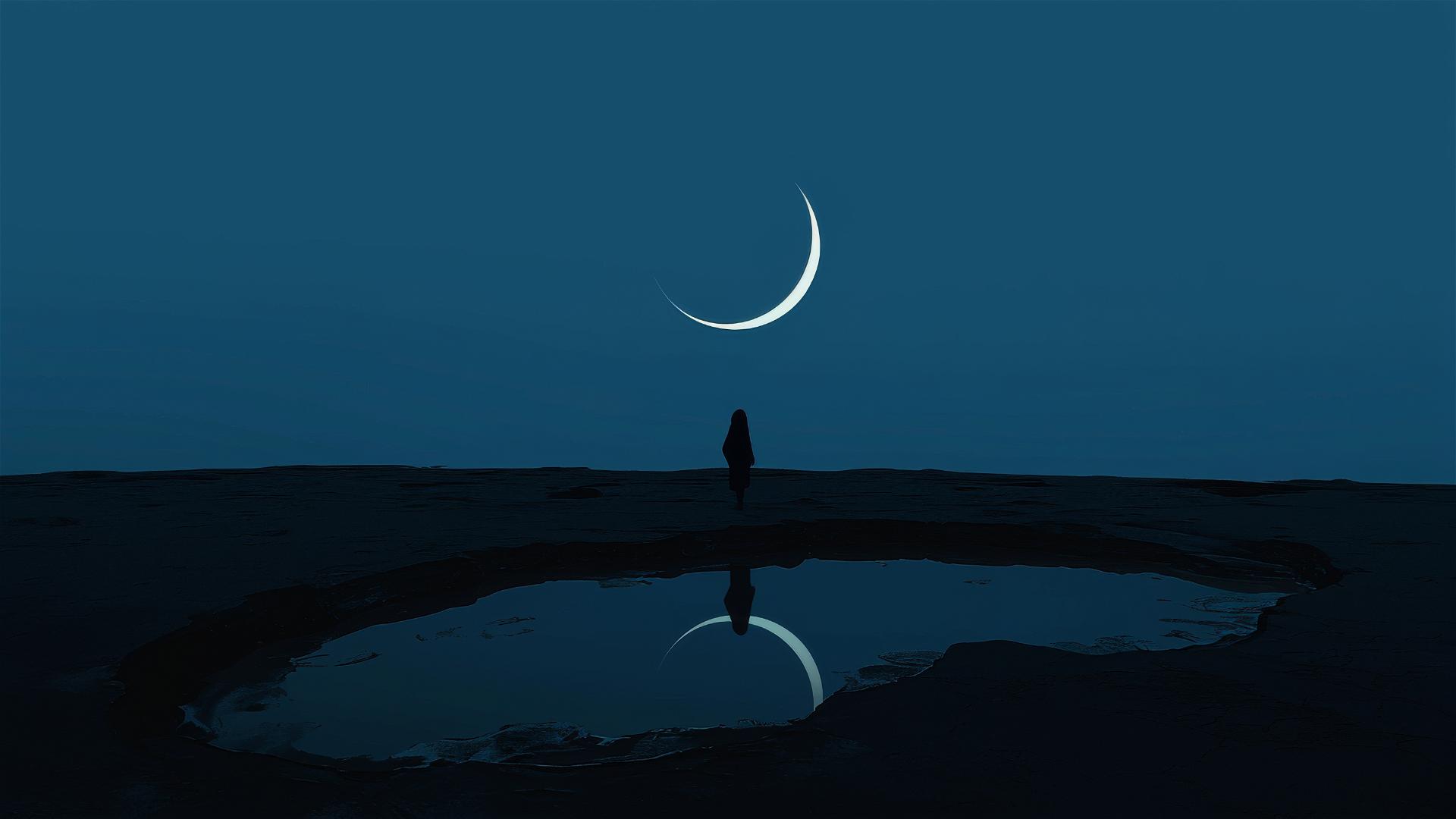 Minimalist black lake under a crescent moon, unreflective surface