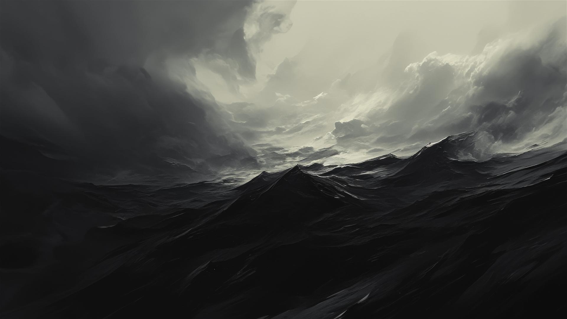 Black ocean merging with stormy sky