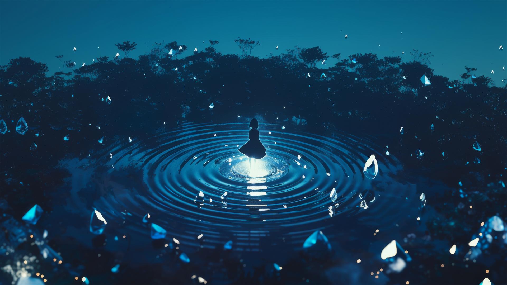 Single droplet creating ripples in a dark, tranquil pond, embodying minimalism and reflection