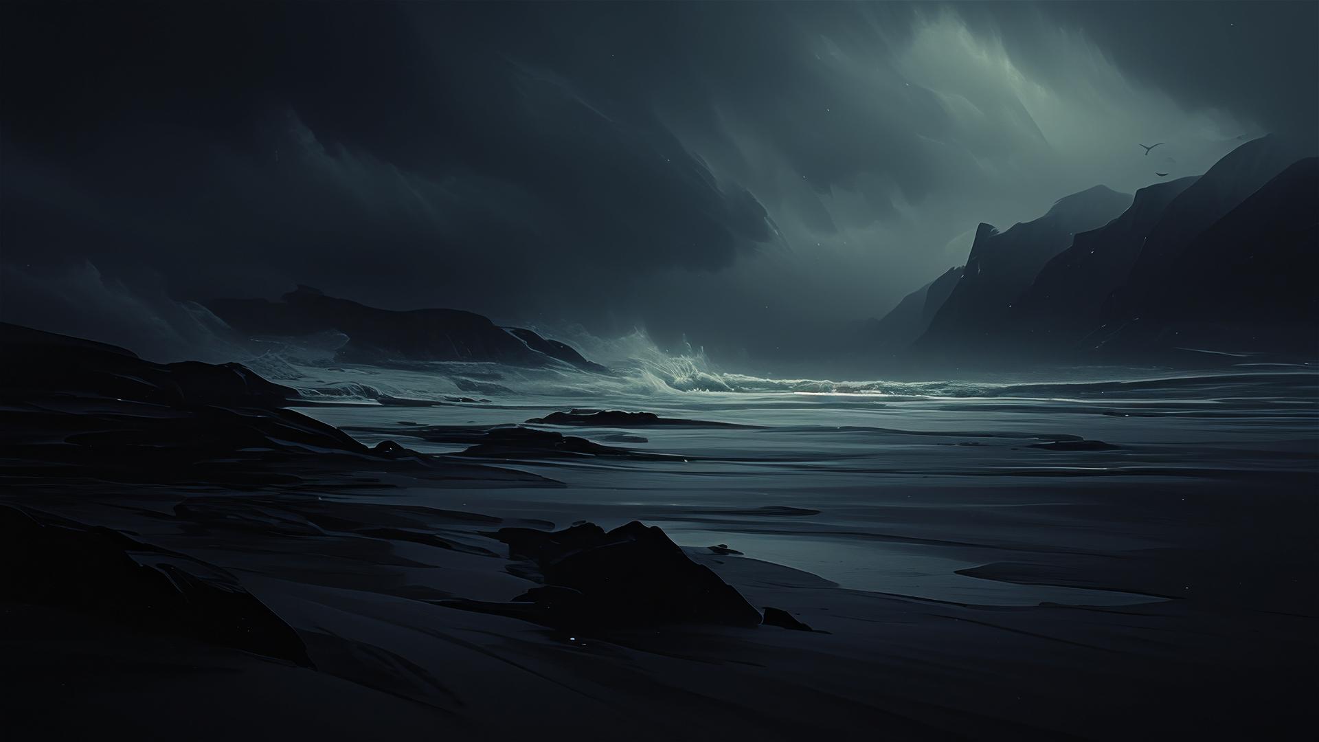 Dark ink-black beach with waves whispering under a starless night