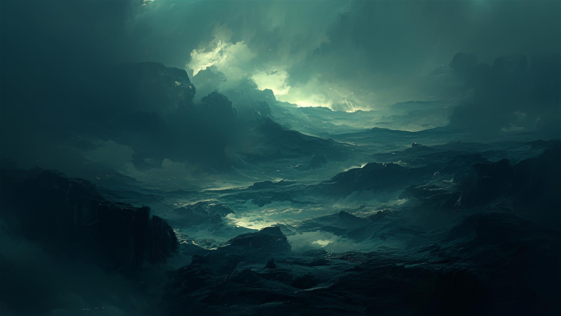 Dark shadowed valley under heavy cloud cover with thin slivers of moonlight, eerie and concealed