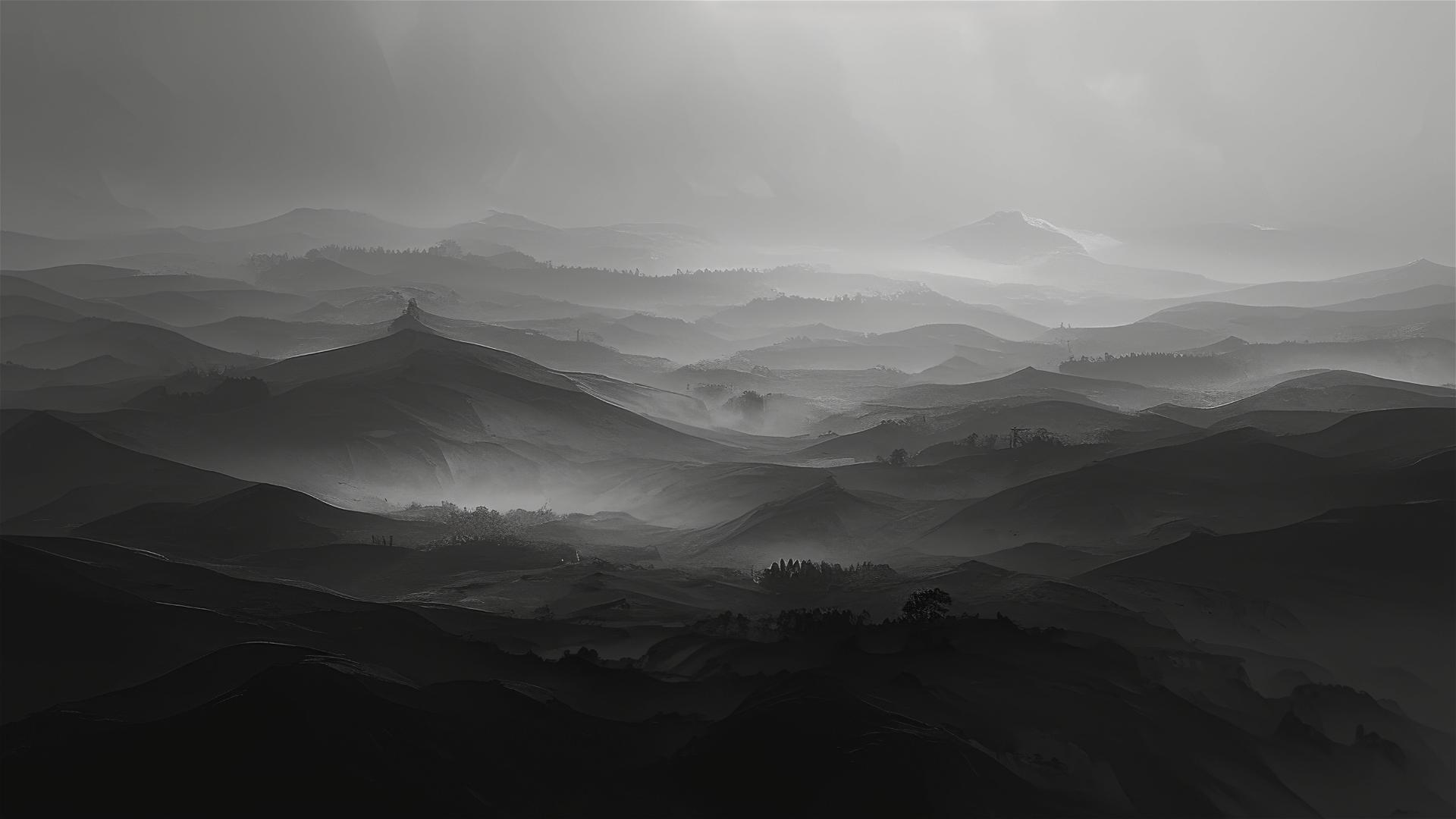 Aesthetic dark fog-covered hills where the landscape is monochrome and the horizon blurs into the sky, timeless and ghostly