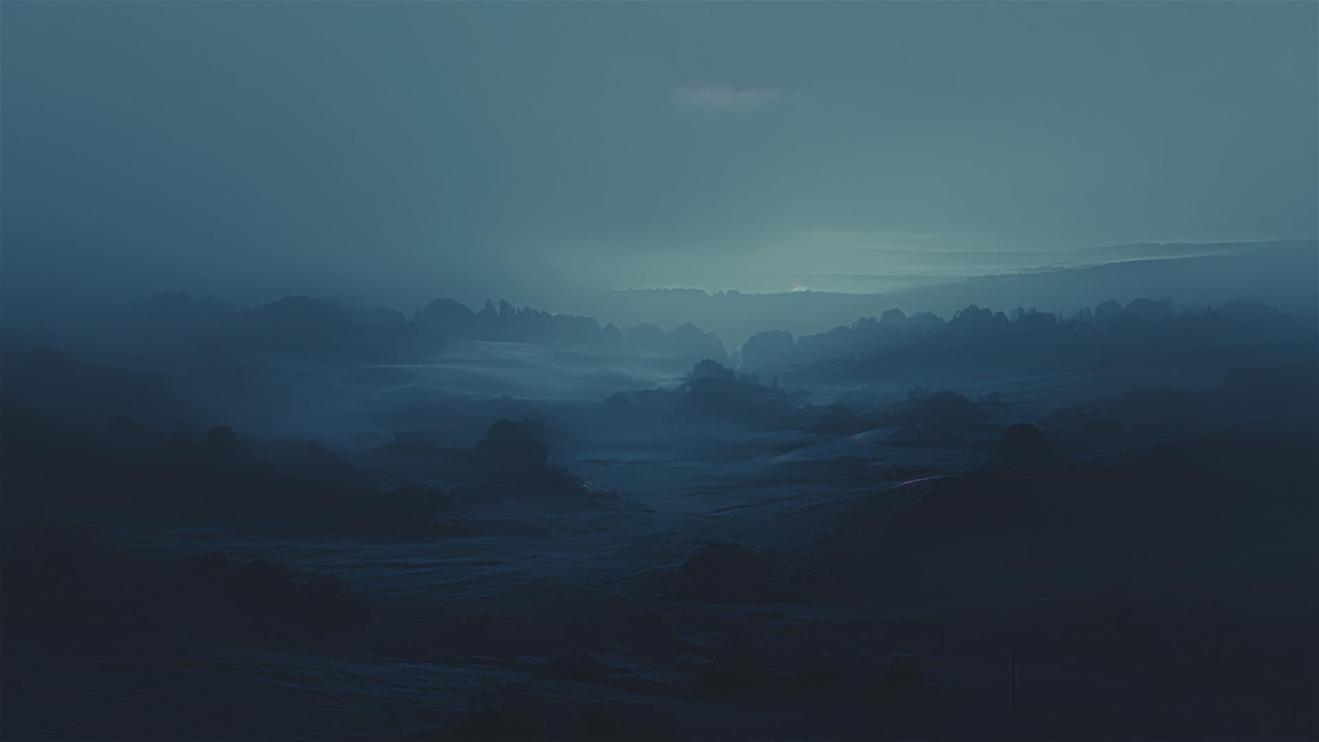 Aesthetic dark misty valley at dawn, with thick fog obscuring the faint light, creating a landscape of gradients from gray to near black, serene and hidden