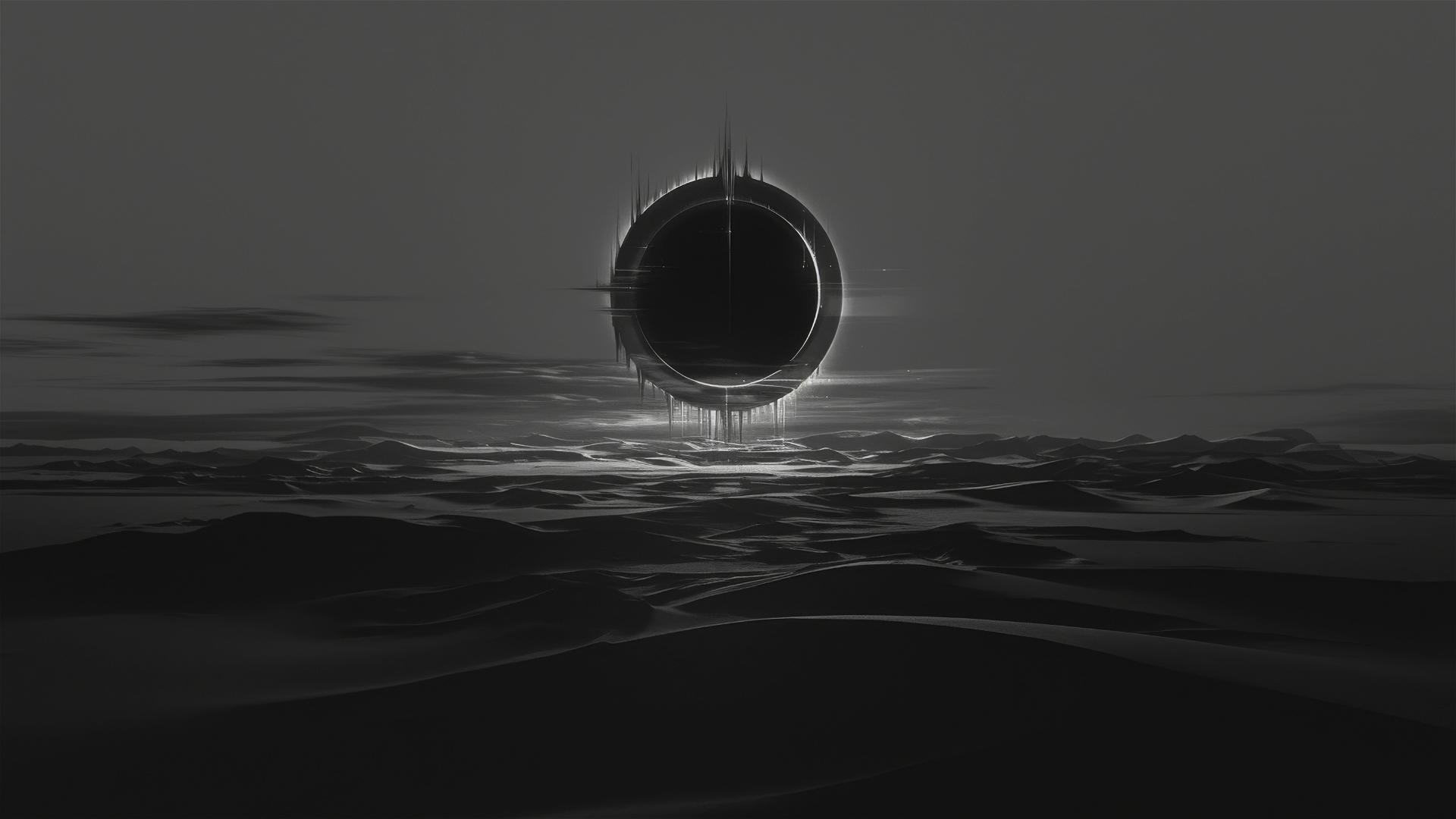 Aesthetic dark eclipse over a desolate desert, with the landscape draped in unusual shadows and the sky in a gradient of gray to black, profound and quiet
