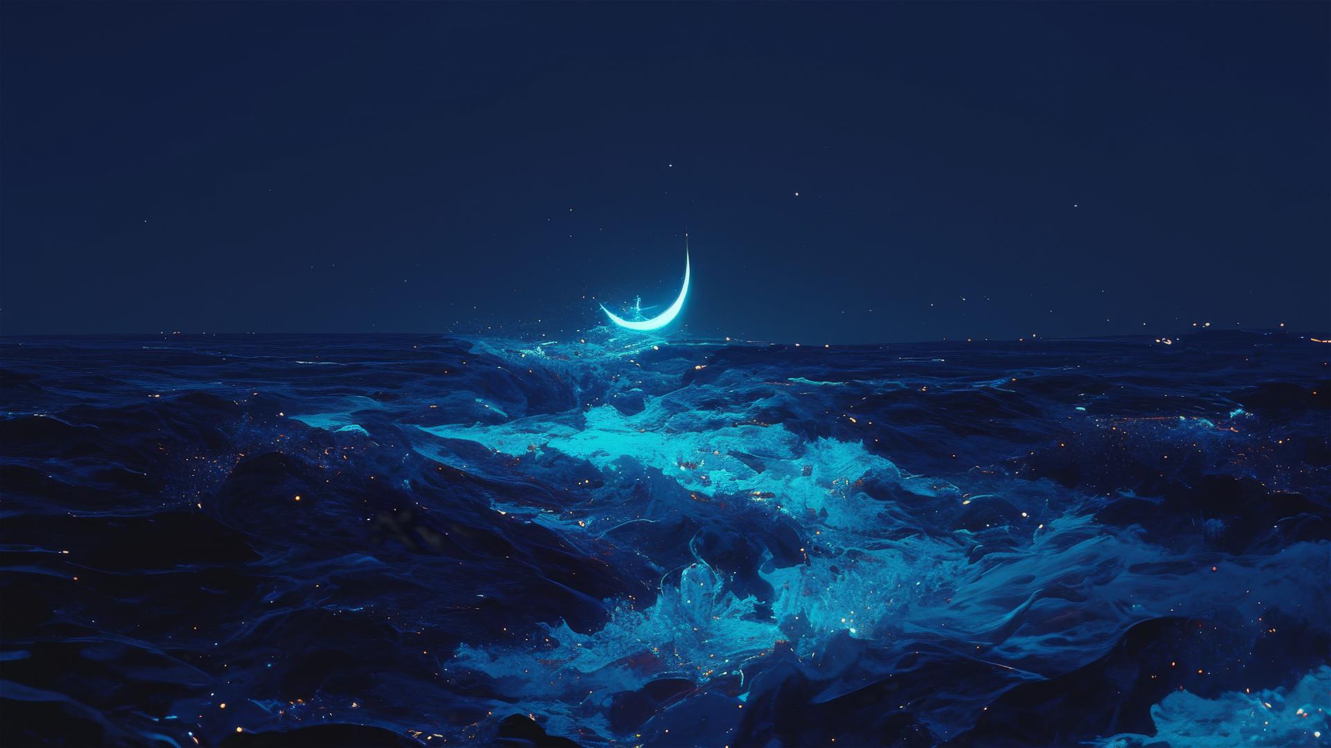 Dark volcanic coast with sparkling black sand under crescent moon