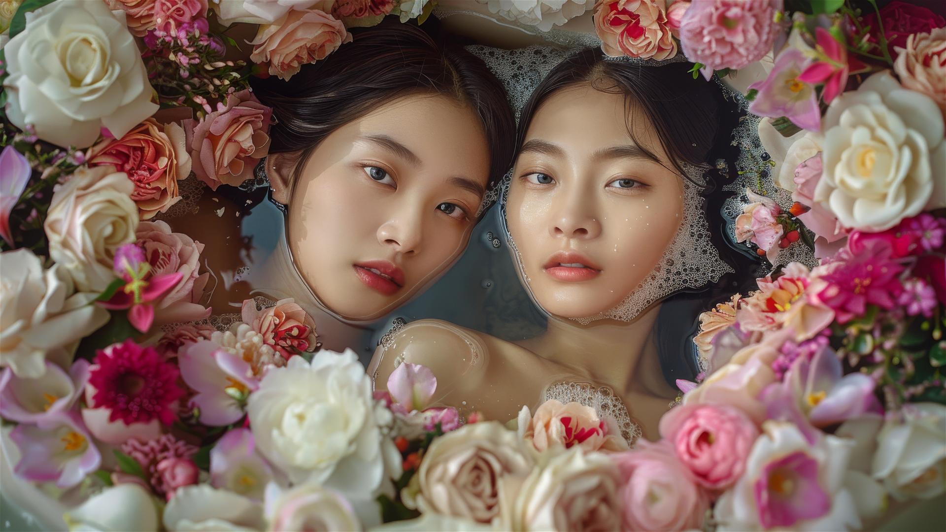 Young Asian women in floral tub at Chinese spa