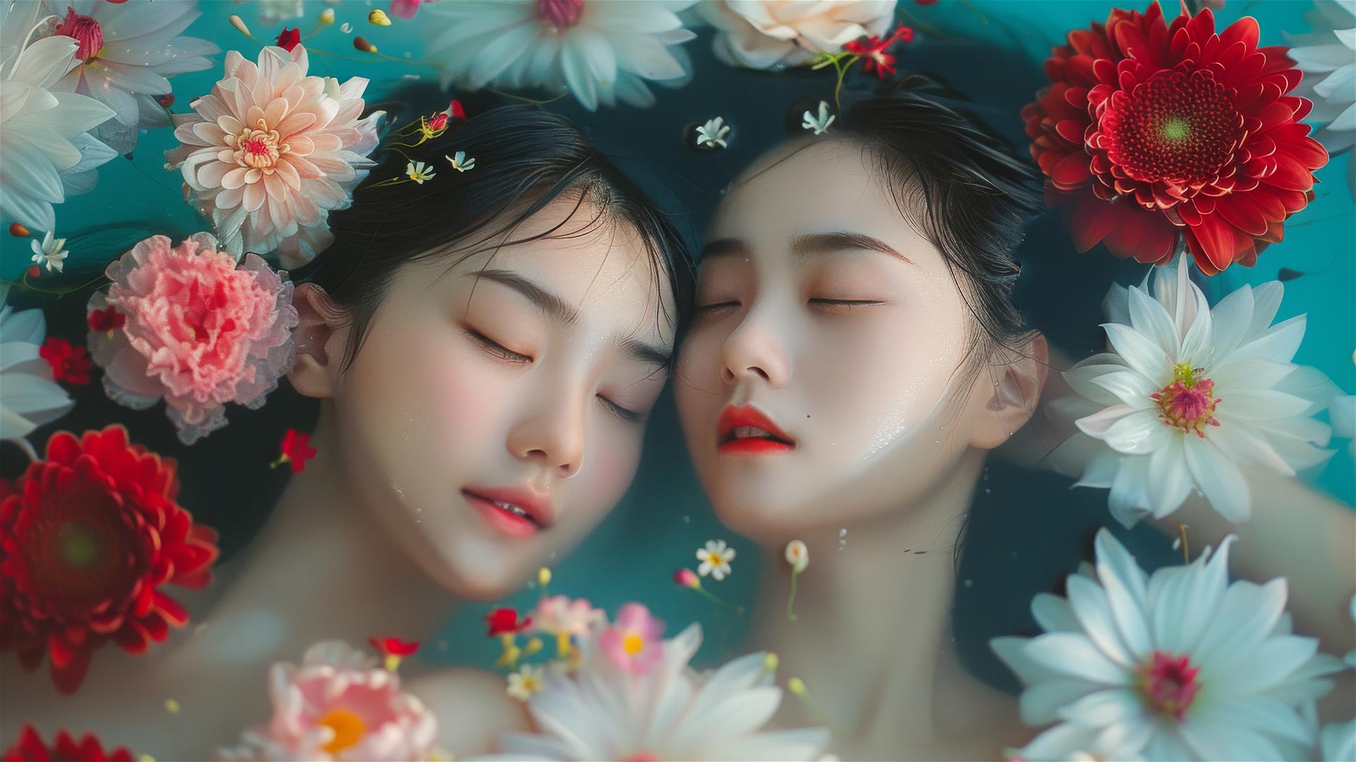 Asian women in a flower tub at a Chinese spa