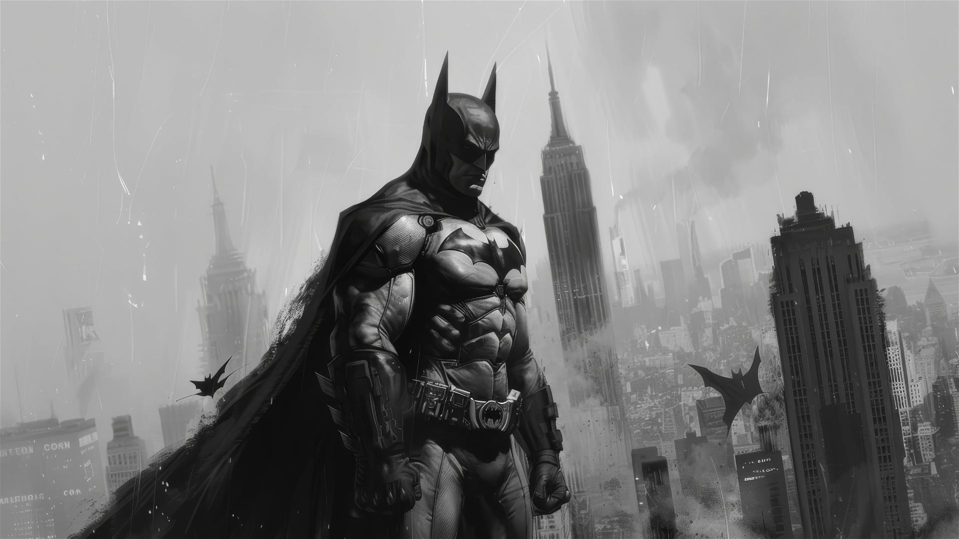 Batman in Arkham City in grayscale on a white background