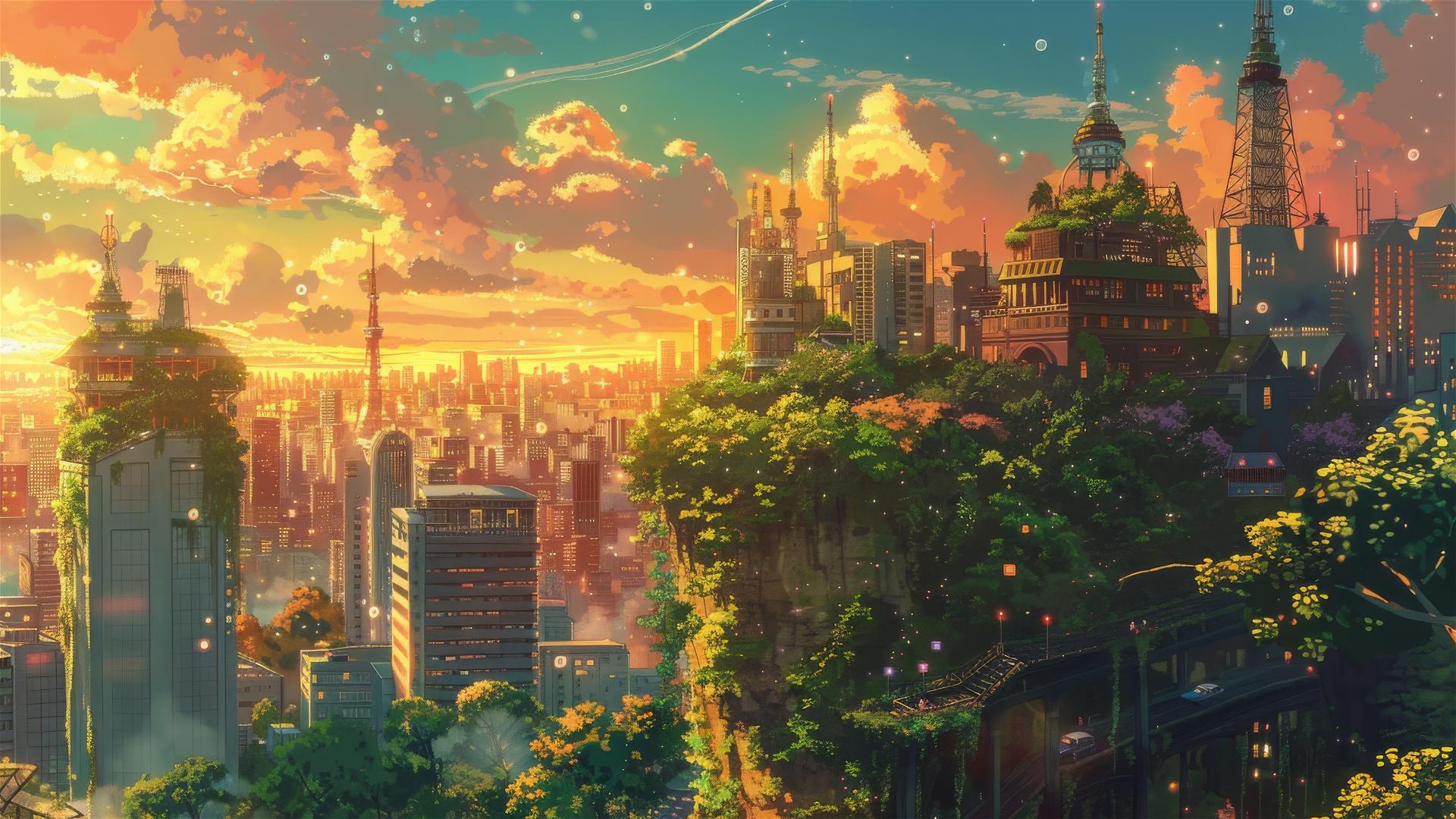 Anime cityscape with Ghibli magic, skyscrapers, hanging gardens, mystical creatures at golden hour