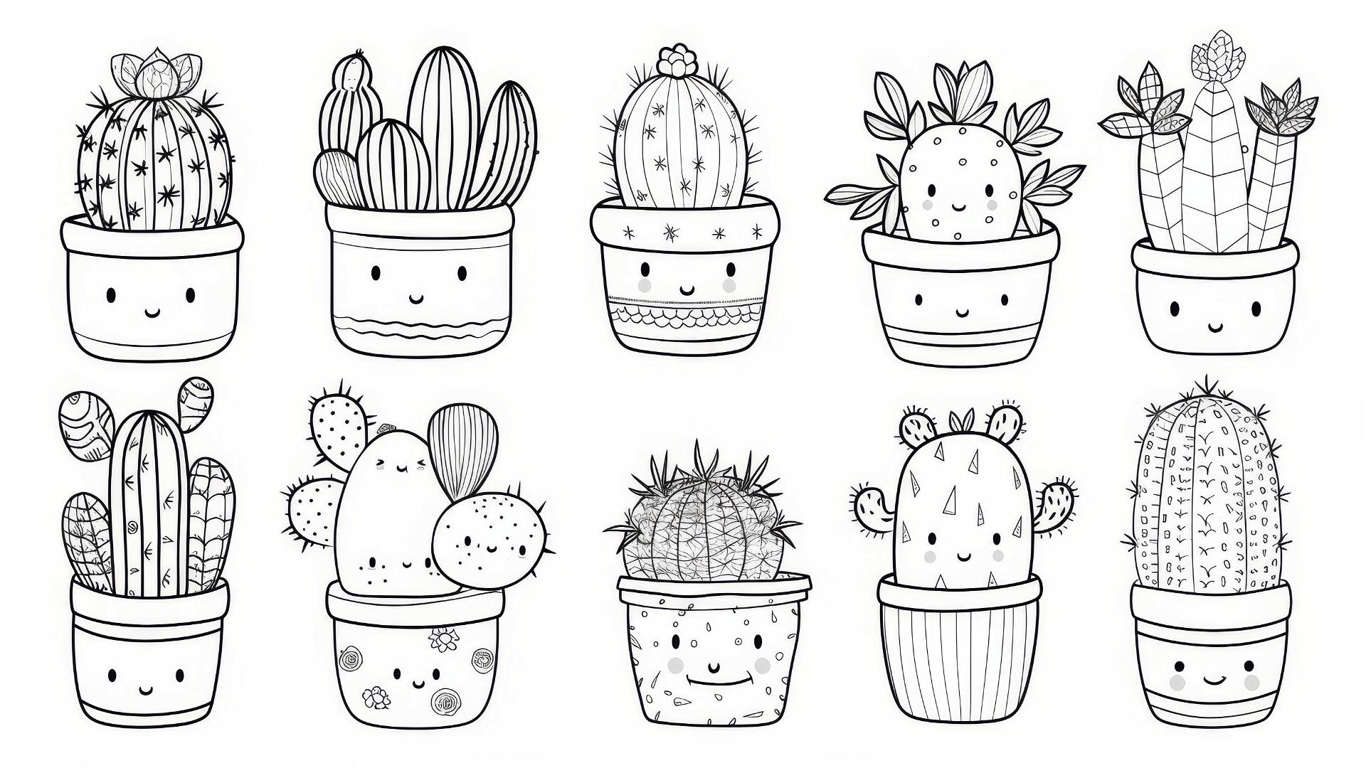 Vector coloring book page of kawaii cactuses in black and white