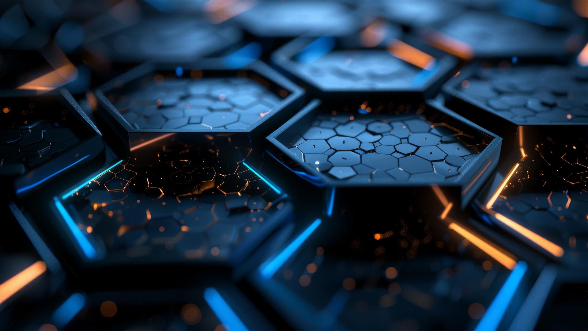 Black hexagons with blue neon edges on abstract background