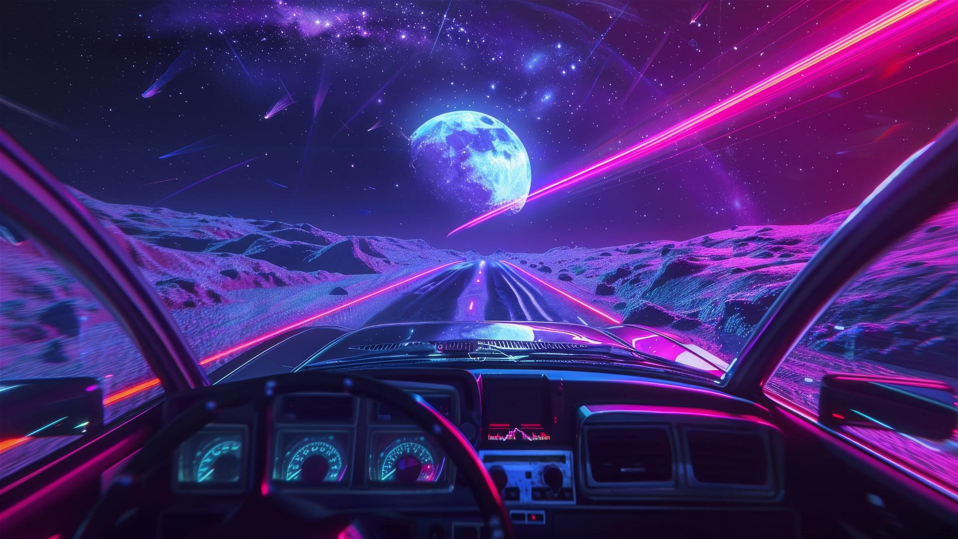 Synthwave car racing towards the moon on a space highway