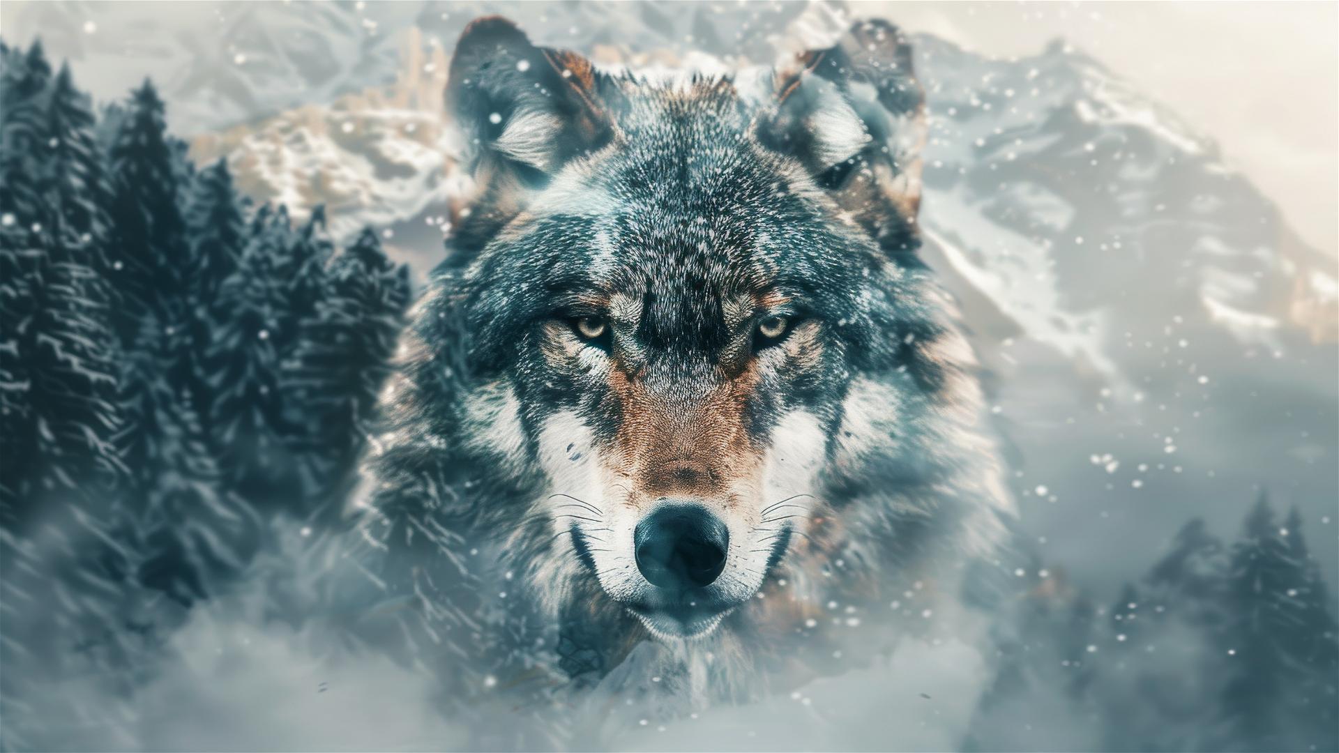 Angry wolf portrait with mountain double exposure, Norse and Viking theme, high-contrast 8k