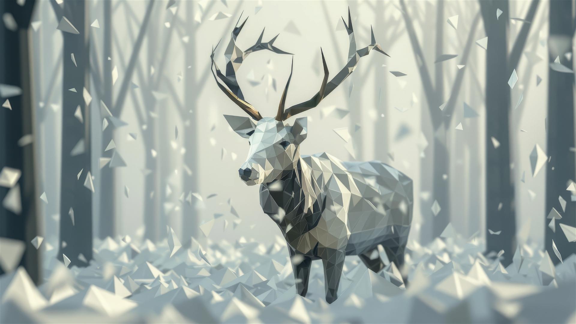 Cubist stag head with full horns in a moonlit glade