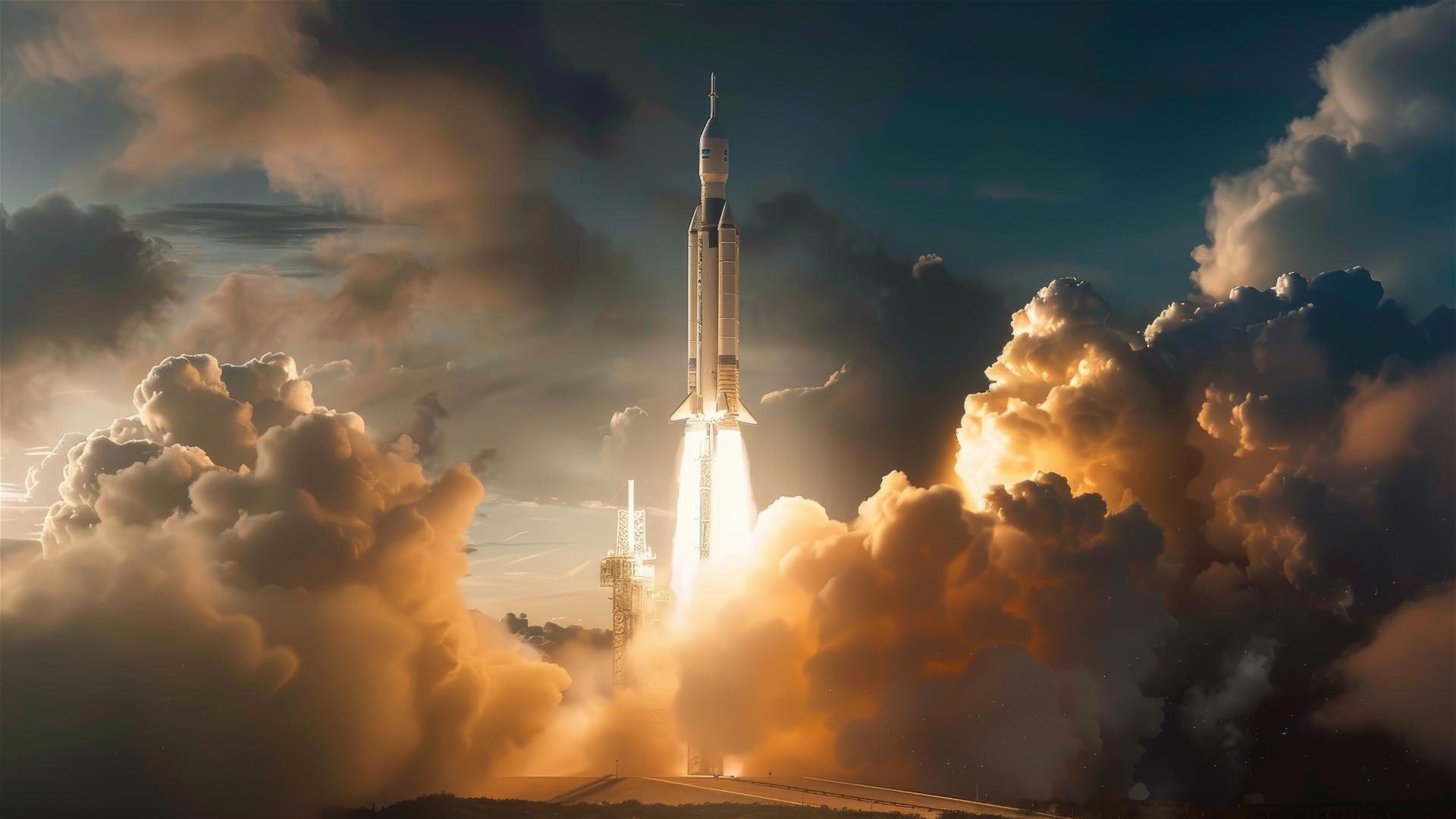 Ariane 5 rocket launch at night
