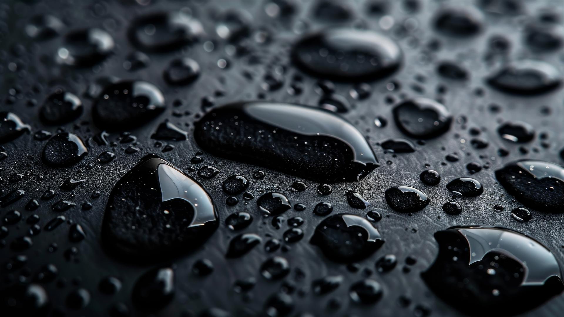 Close-up of water droplets on a matte black background