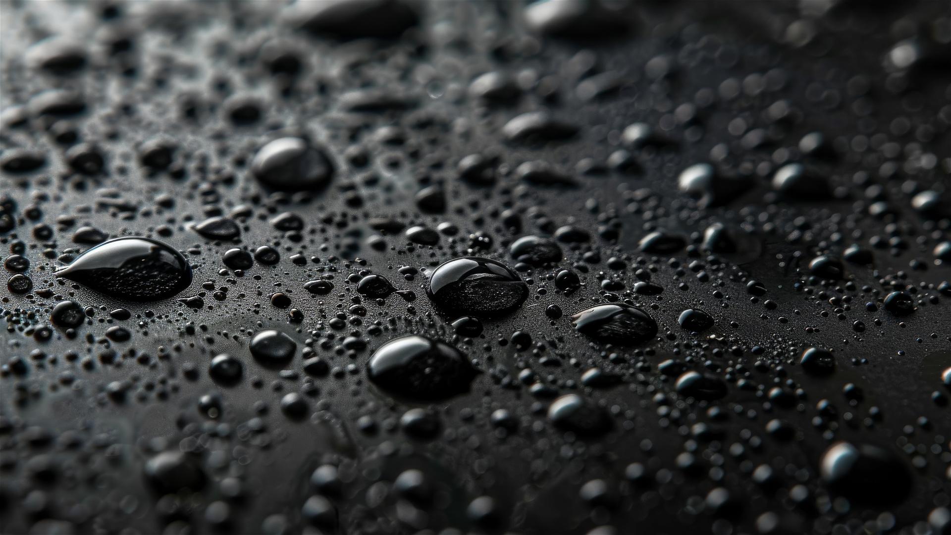 Close-up view of water droplets on matte black surface