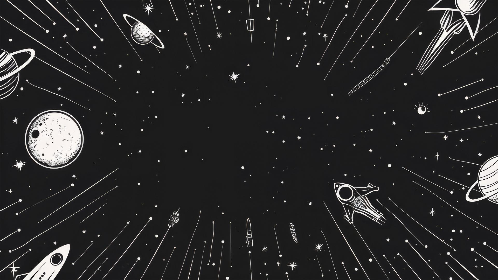 Black background with spaceship and celestial line art
