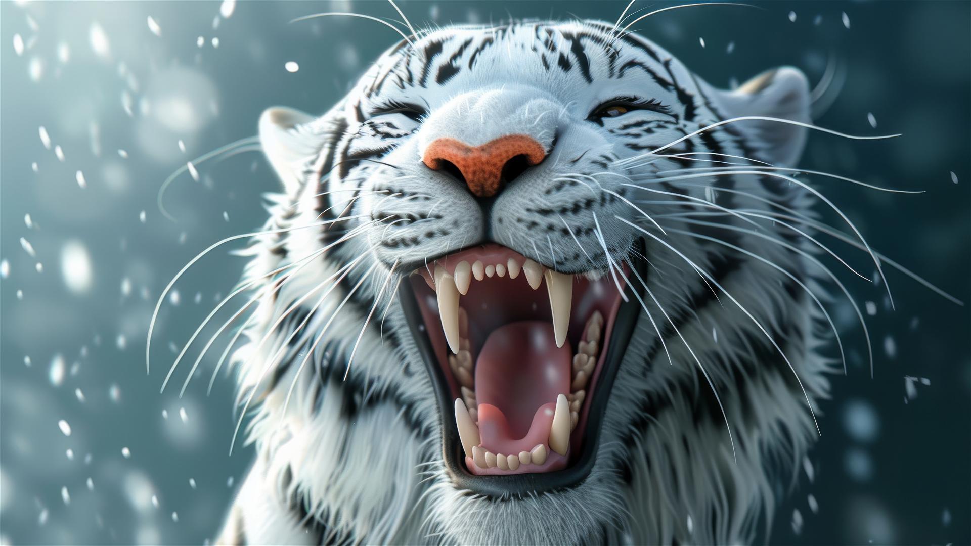 Cartoon white tiger with a big smile, Tiago Hoisel style