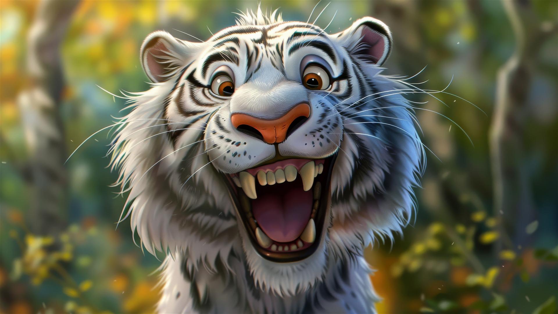 Happy white tiger cartoon with a playful caricature style