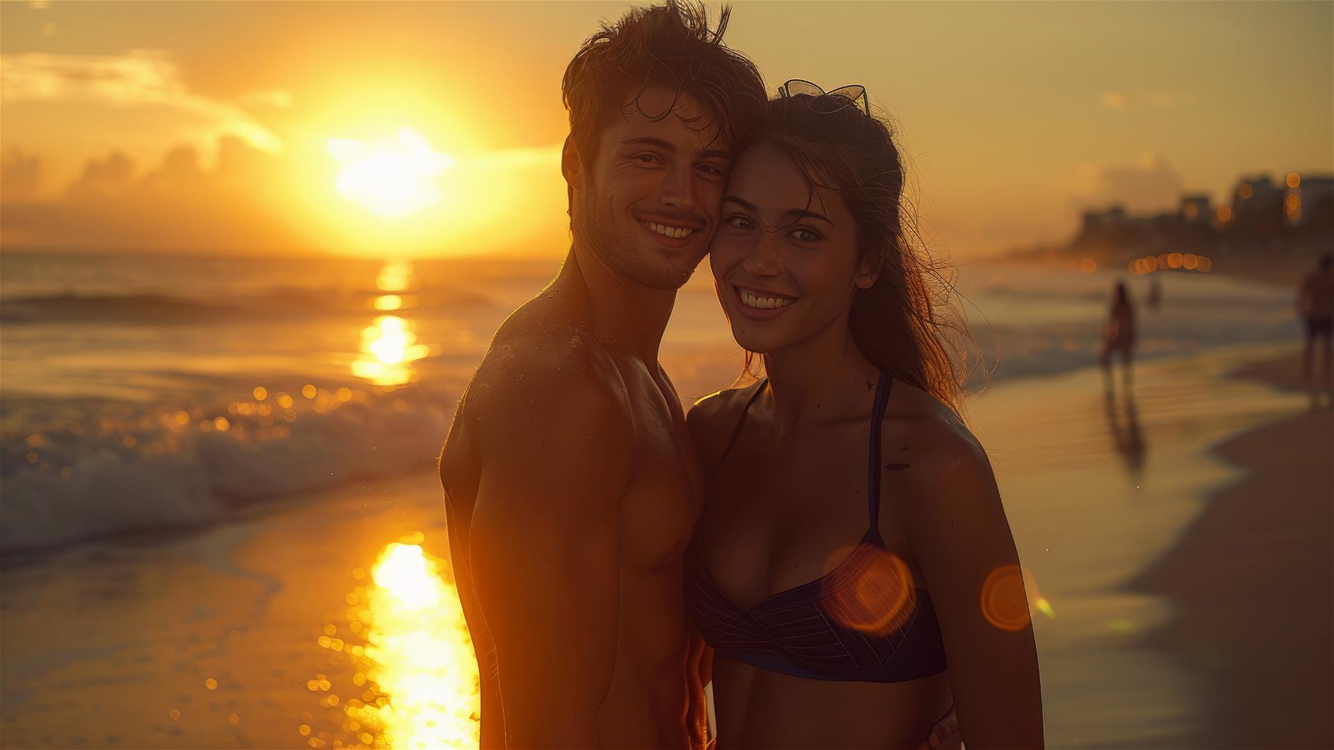 Woman in stylish attire embracing muscular husband by the sea at sunset.