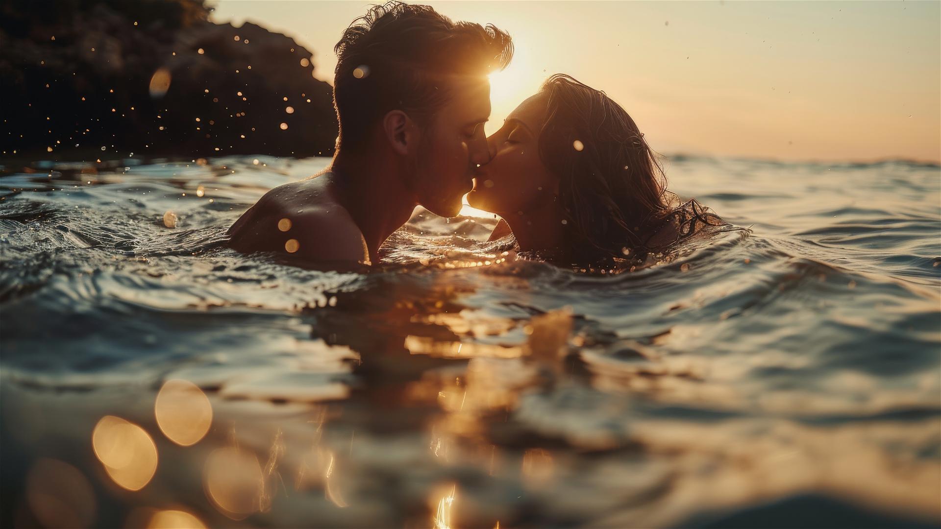 Young couple kissing underwater with sunset backlight
