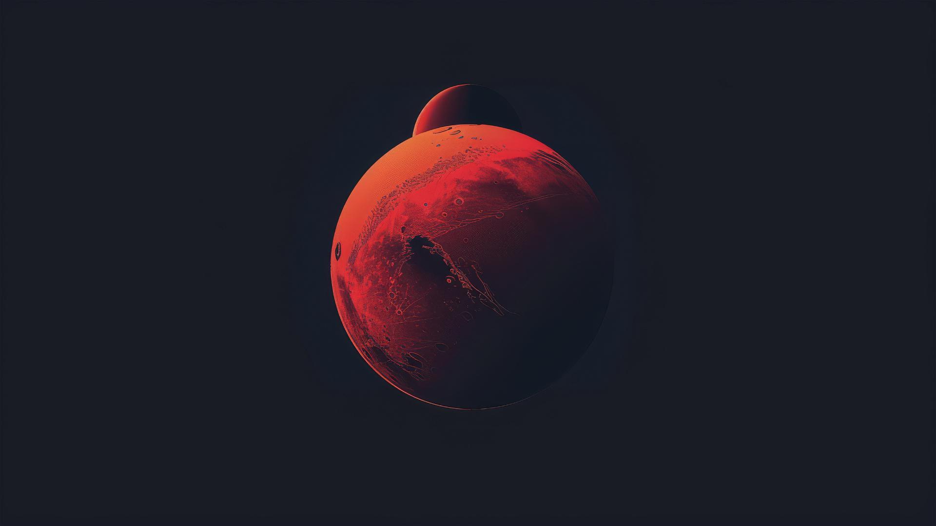 Minimalist vector art with a red planet and black sun, thin lines, dark background, cinematic lighting, high contrast, bokeh effect, and artist-style typography.