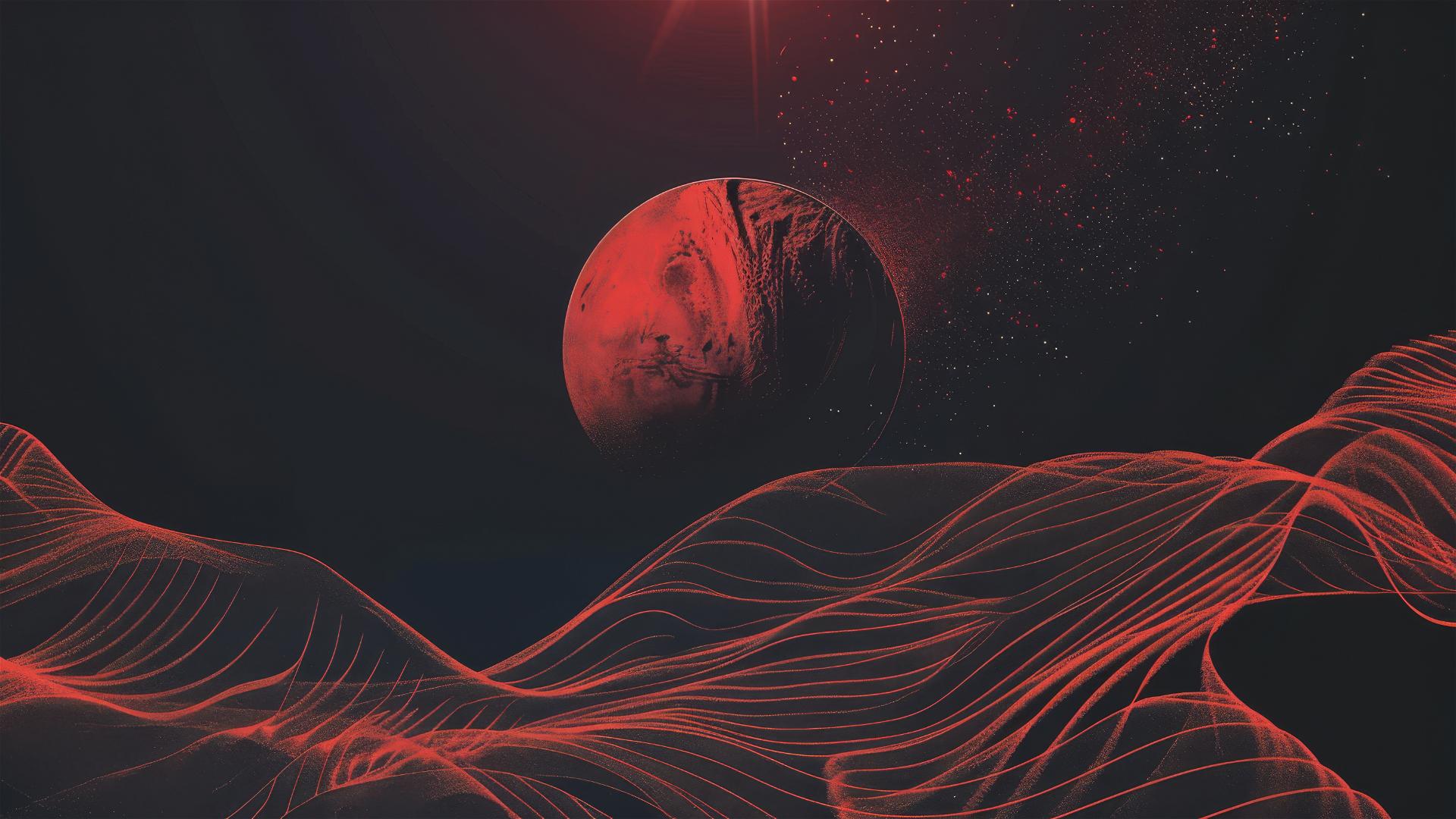Red planet behind black sun in minimalist vector art