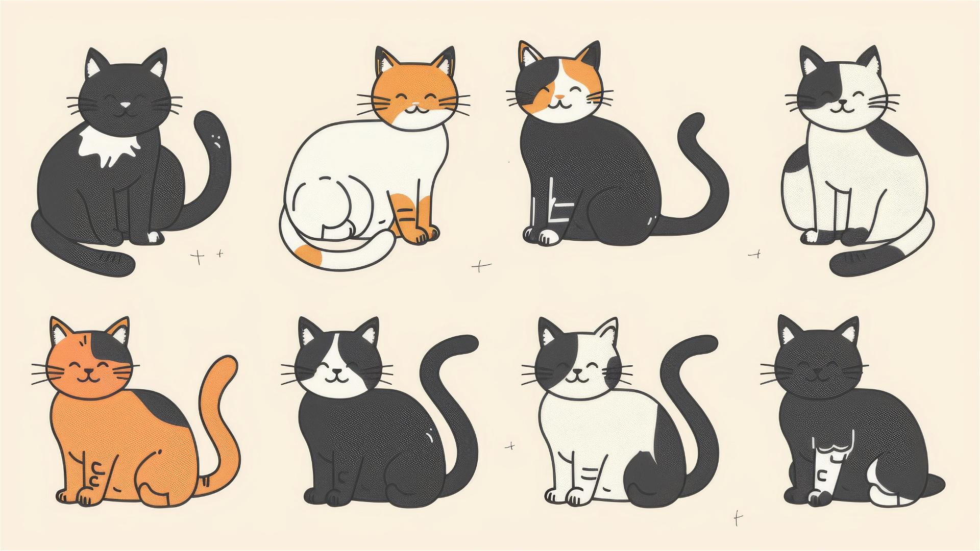 cats in various positions, simple flat line drawing with two colors on pastel cream