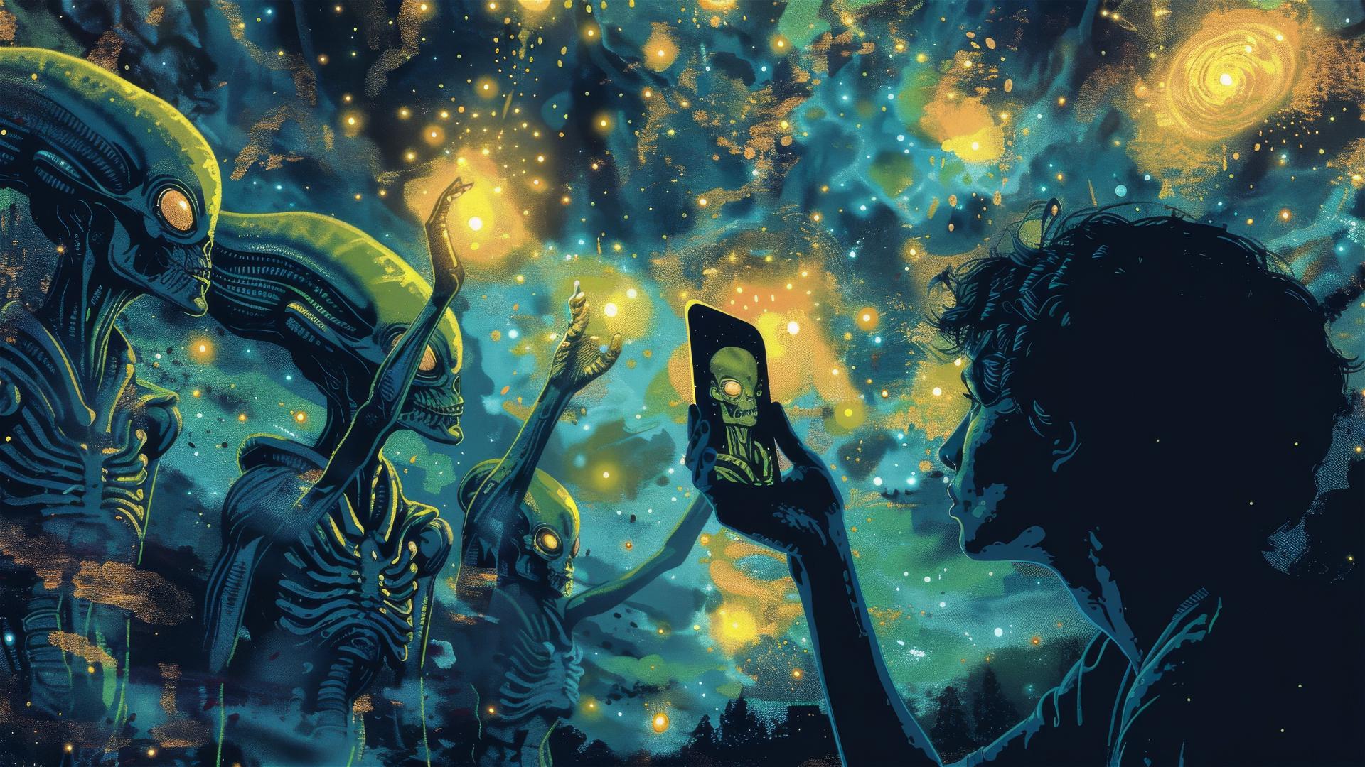 Man taking a selfie with green aliens under a starry night