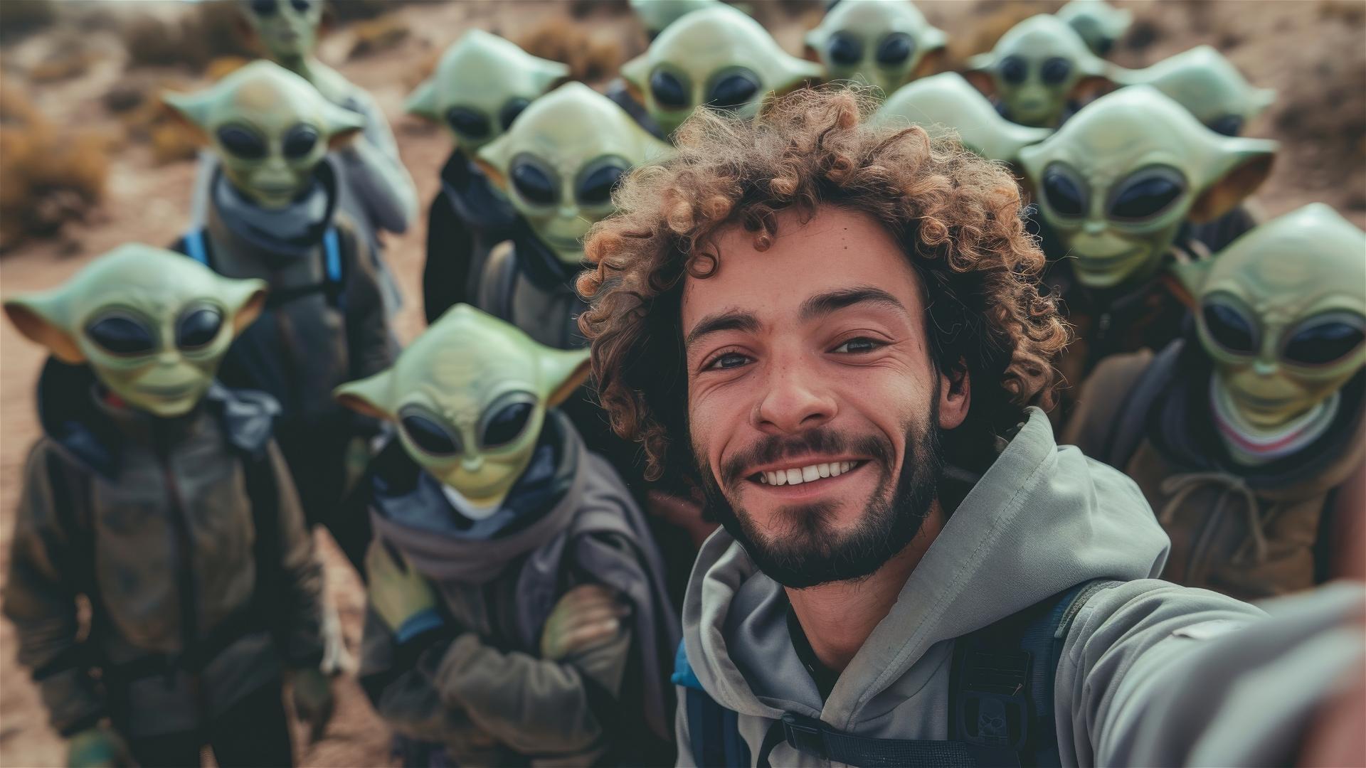 man taking selfie with green aliens