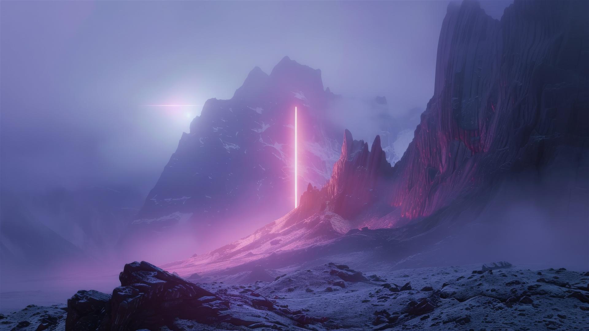 Volumetric LED light over a misty, futuristic mountain beacon with forced perspective juxtaposition