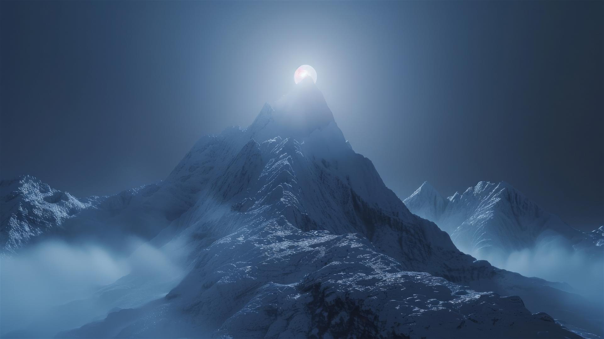 Misty futuristic mountain beacon with volumetric LED light
