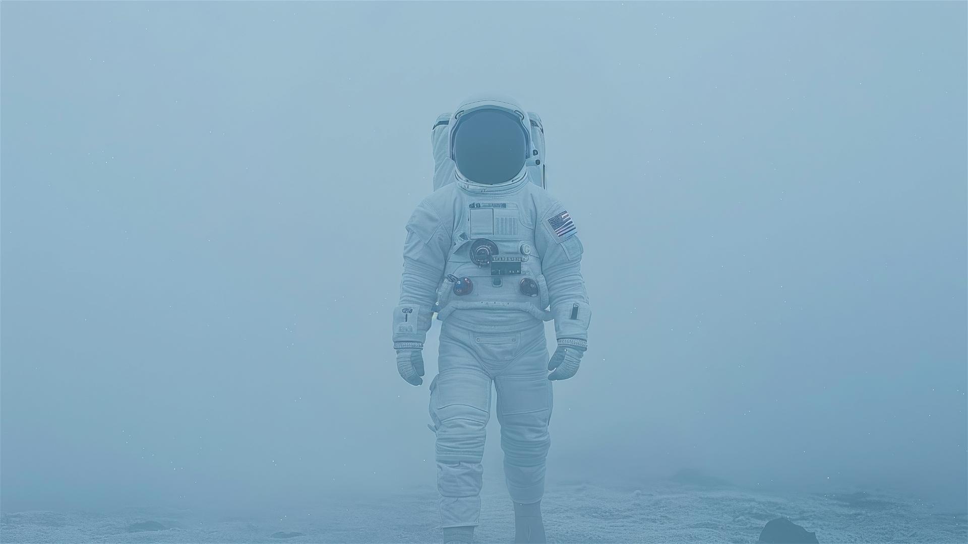 Astronaut in space suit walking in fog with light blue and amber hues