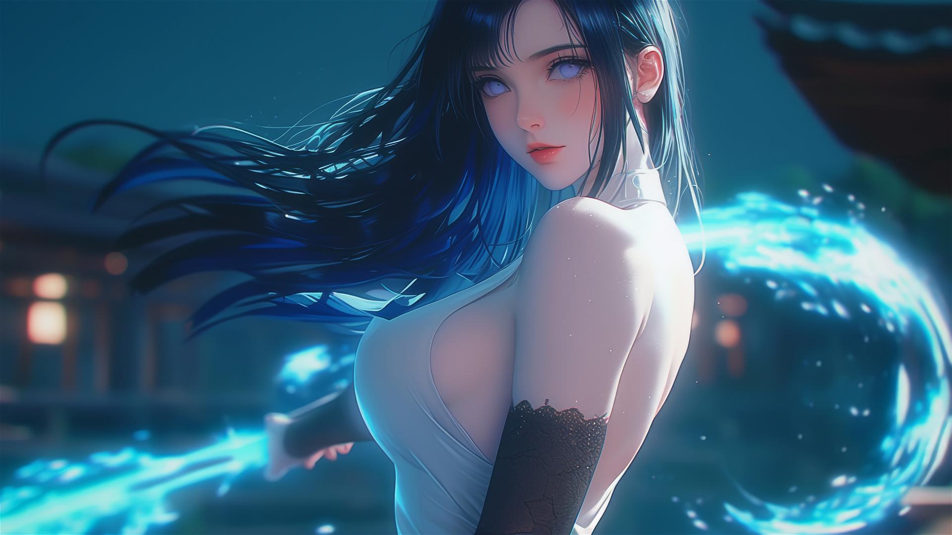 Hinata Hyuga in a dynamic ninja pose under moonlight