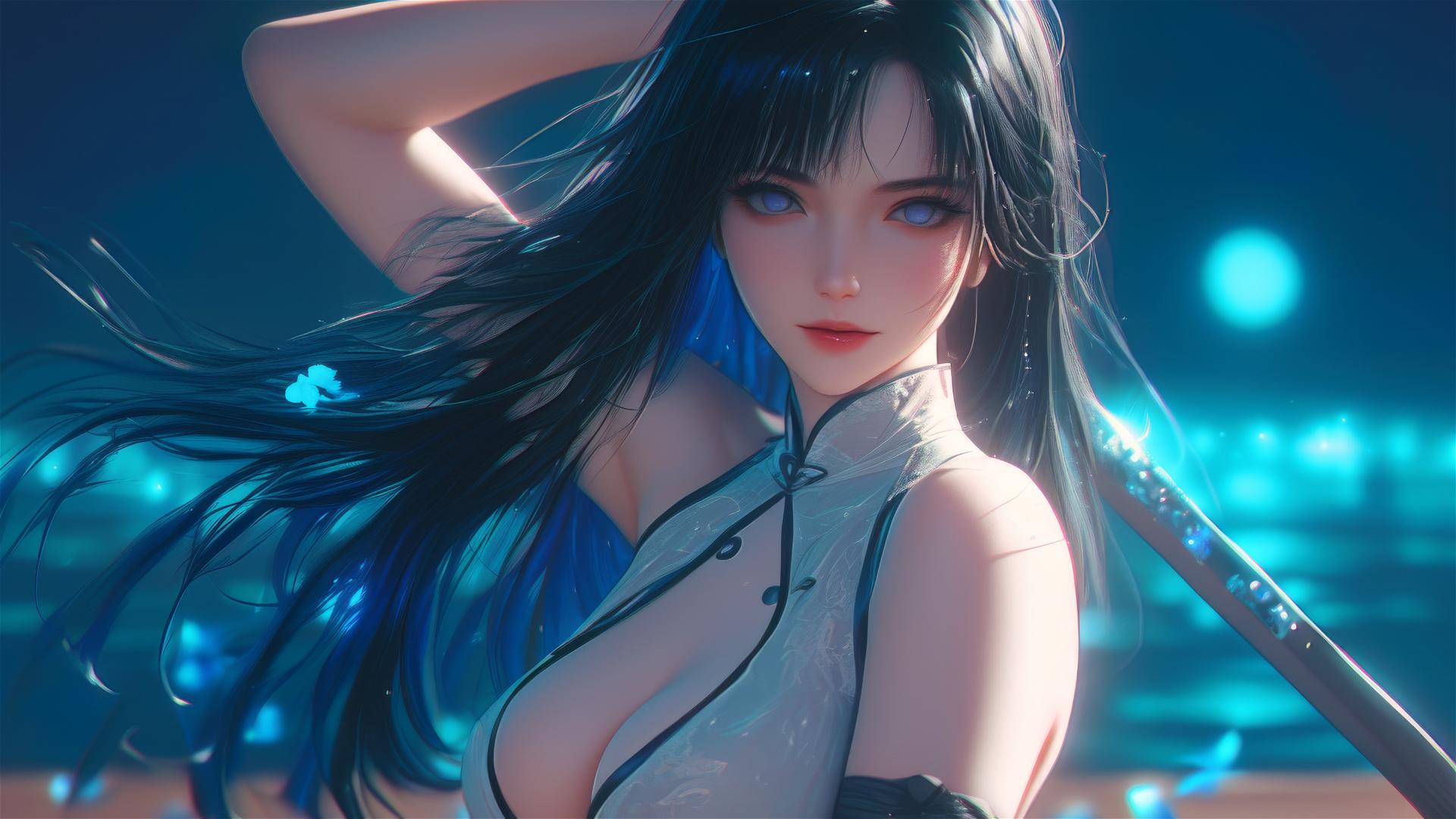 Hinata Hyuga in a dynamic ninja pose under a starry night with moonlight